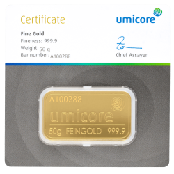 Lingot d'or Umicore certifié de 50 gramme