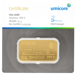 Lingot d’or Umicore certifié de 50 gramme