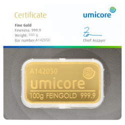 Lingot d'or Umicore certifié de 100 gramme