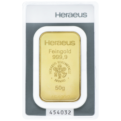 Lingot d'or Heraeus certifié de 50 gramme